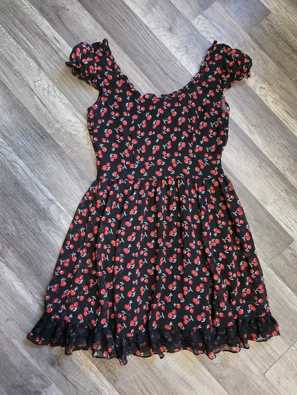 Vintage Rockabily Tripp Goth Black Cherry Print Short Sleeve Dress 90s Pinup - Picture 9 of 9